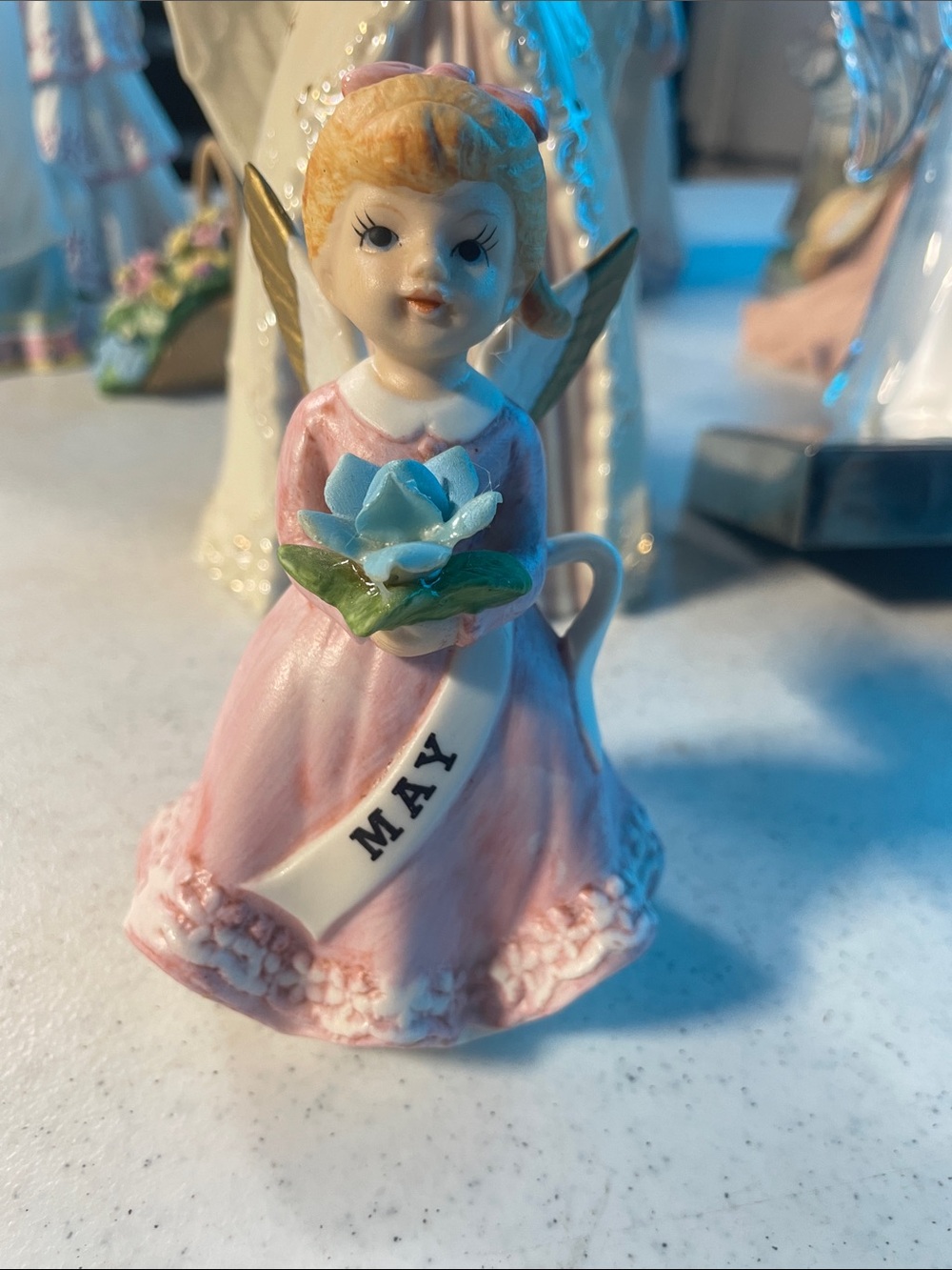 May Pink Angel Figurine with Blue Flower
